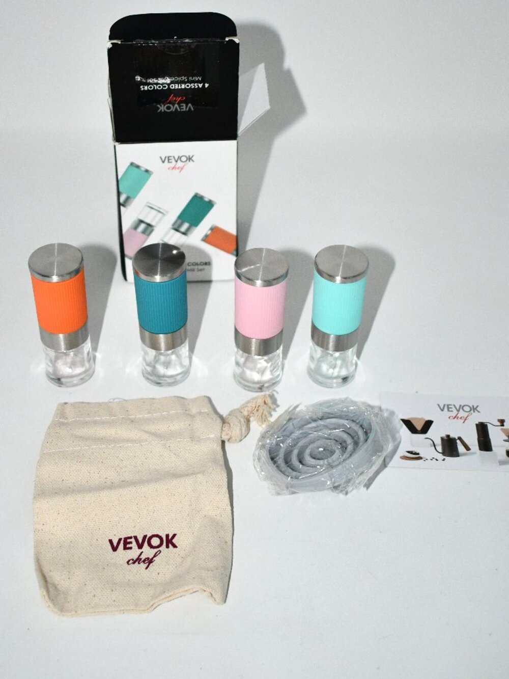 VEVOK CHEF Mini Salt Pepper Grinder Set, 4 Pc, Glass Ceramic, Travel Spice Mills